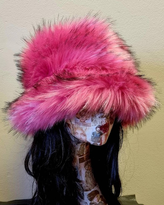 Women's Bright Pink Faux Fur Fluffy Bucket Hat
