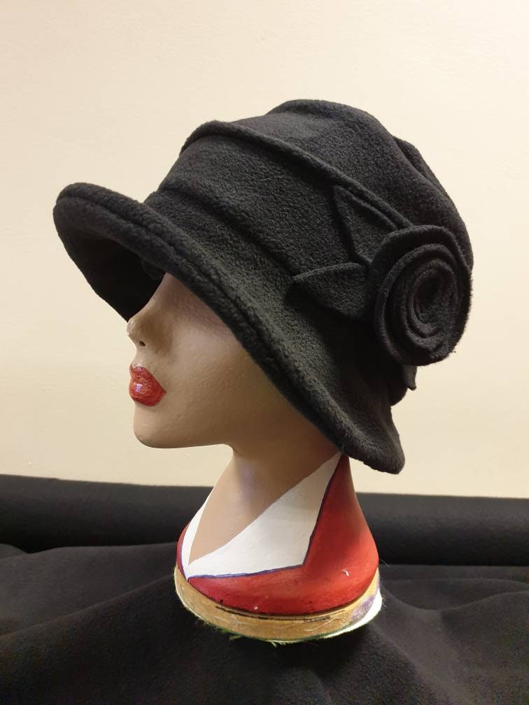 Black Fleece Hat Lined with Polar Fleece-Downton Abbey Hat-Womens Fleece  Hat-Womens Fleece Winter Hat-1930's-Vintage Hat-Ladies Winter Hat