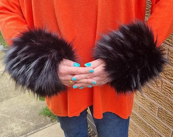 Hollywood Black Faux Fur Cuffs- Fleece Lining Elasticated at One End-Faux Fur Cuffs-Fluffy Cuffs-Black Fur Cuffs- Black Fluffy Cuffs