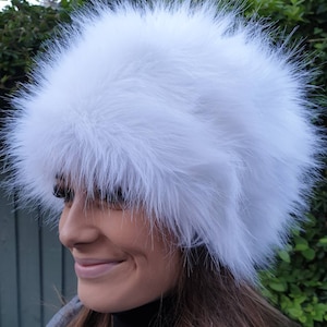 White Faux Fur Hat Russian Style with Cosy Polar Fleece Lining-Fur Hat-Fake Fur Hat-Winter Hat-Long Fur Hat-Cossack Hat-White Fur Hat