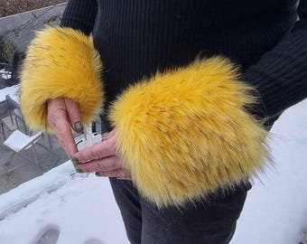 Fluffy Canary Yellow Faux Fur Cuffs- Faux Suede Lining and Elasticated at One End-Faux Fur Cuffs-Fluffy Cuffs-Yellow Fur- Cruelty Free