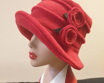 Flower Trimed Red Fleece Hat-Polar Fleece Lining-Downton Abbey Hat-Womens Fleece Hat-Womens Fleece Winter Hat-1930's-Ladies Winter Hat