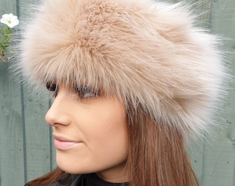 Caramel Faux Fur Headband- Neckwarmer- Earwarmer-Fur Headband-Beige Headband-Head Wrap-Fur Head Wrap-Handmade in Lancashire England