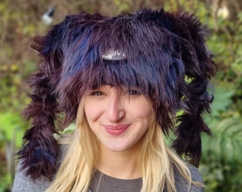 Blue and Brown Marshmallow Hat with Polar Fleece Lining-Off My Head Hats- Fake Fur Hat-Ski Hat- Apres Ski- Blue Fur Hat