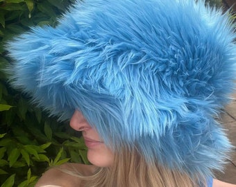 Super Fluffy Twisty Blue Luxury Faux Fur Bucket Hat-Blue Fur-Fuzzy Bucket Hat-Festival Hat-Fur Hat-Fake Fur Hat-Rave Hat-Blue Bucket Hat