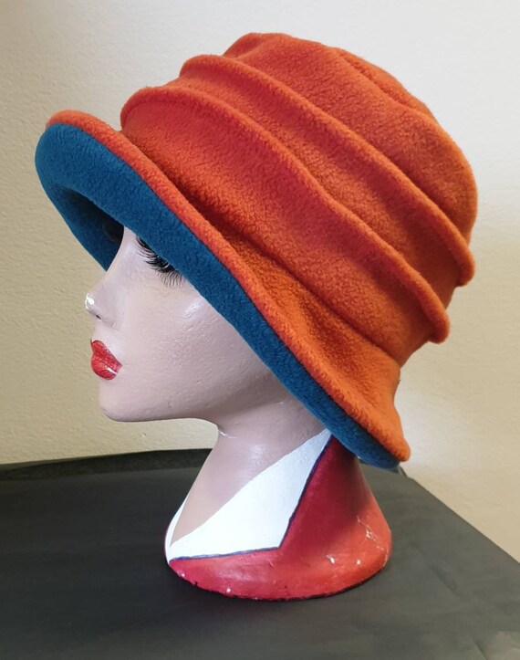 Burnt Orange/teal Fleece Hat Lined With 