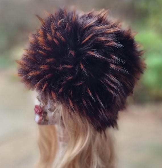 Rich Chocolate Brown/gold Streaks Luxury Faux Fur Hat With 