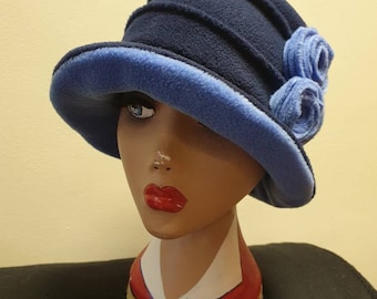 Two Tone Blue Fleece Hat-Fully Fleece Lined-Downton Abbey Hat-Womens Fleece Hat-Womens Fleece Winter Hat-Ladies Winter Hat