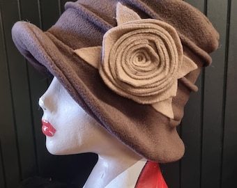 Chocolate Brown Fleece Cloche Hat with Camel Flower-Fleece Lining-Downton Abbey Hat-Womens Fleece Hat-Ladies Winter Hat-Brown Polar Fleece
