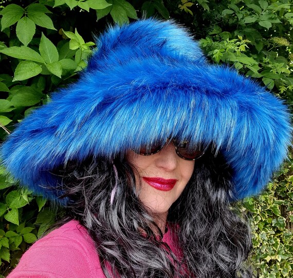 Royal Blue Statement Hat, Fluffy Faux Fur Wide Brim Hat  display picture 1