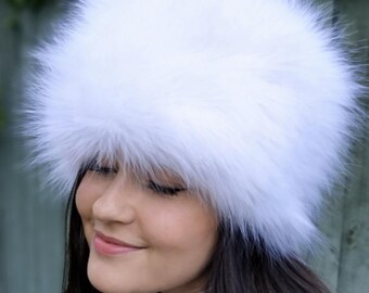White Faux Fur Hat Russian Style with Cosy Polar Fleece Lining-Fur Hat-Fake Fur Hat-Winter Hat-Long Fur Hat-Cossack Hat-White Fur Hat