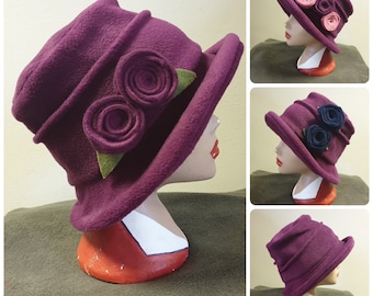 Plum Fleece Hat Lined with Polar Fleece-Downton Abbey Hat-Womens Fleece Hat-Womens Fleece Winter Hat-1930's-Vintage Hat-Ladies Winter Hat