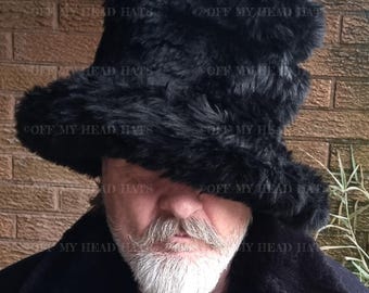 7 inch Tall Black Faux Fur Hat-JK Style Hat-Space Cowboy Style Hat-Fake Fur Black Hat- Stovepipe Hat- Black Fur Top Hat