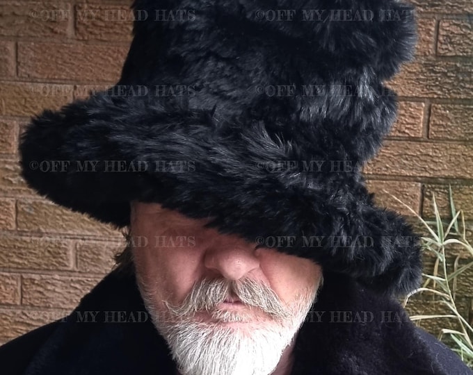 Featured listing image: 7 inch Tall Black Faux Fur Hat-JK Style Hat-Space Cowboy Style Hat-Fake Fur Black Hat- Stovepipe Hat- Black Fur Top Hat