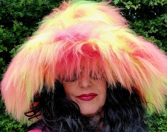 Mega Fluffy Extra Wide Wire Brim Fuzzy Bucket Hat-Pink and Yellow Oversized Bucket Hat -Vegan friendly-Wide Brim-Festival-Pink Fur-Yellow