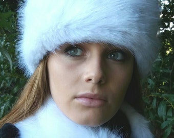 Super Luxury White Faux Fur Hat with Polar Fleece Lining