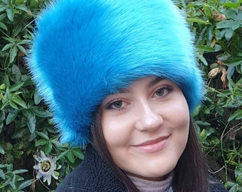 Stunning Aqua Blue Luxury Short Pile Faux Fur With Fleece Lining-Fur Hat-Fake Fur Hat-Winter Hat-Long Fur Hat-Cossack Hat-Blue Fur Hat