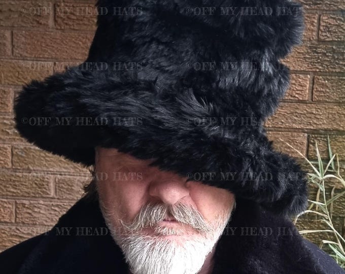 Featured listing image: 7 inch Tall Black Faux Fur Hat-JK Style Hat-Space Cowboy Style Hat-Fake Fur Black Hat- Stovepipe Hat- Black Fur Top Hat