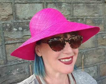 Fuscia Pink Raffia Cloche-20's Style Sun Hat-Medium Brim