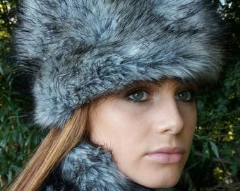 Grey Wolf Fake Fur Russian Style Hat-Grey Fur Hat-Fleece Lining-Wolf-Cruelty free-Vegan Fabric-Winter hat-Faux Fur Hat