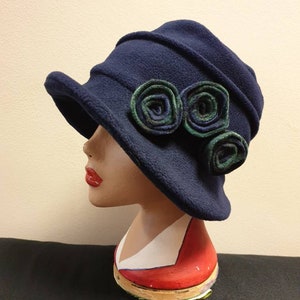 Navy Blue Fleece Hat-Tartan Flowers-Fully Fleece Lined-Downton Abbey Hat-Womens Fleece Hat-Womens Fleece Winter Hat-Ladies Winter Hat