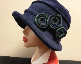 Navy Blue Fleece Hat-Tartan Flowers-Fully Fleece Lined-Downton Abbey Hat-Womens Fleece Hat-Womens Fleece Winter Hat-Ladies Winter Hat