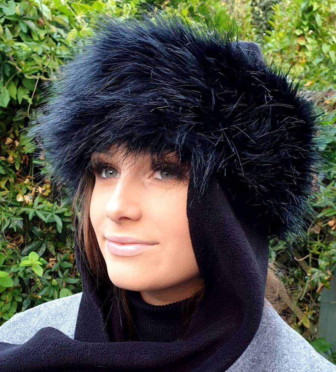 Black Faux Fur Frieda Scarf Hat. Faux Fur Band With Fleece Top and Long