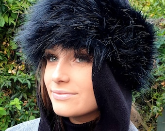 Black Faux Fur Frieda Scarf Hat. Faux Fur band with Fleece Top and Long Fleece Sides. Long Black Fake Fur with Full Polar Fleece Lining