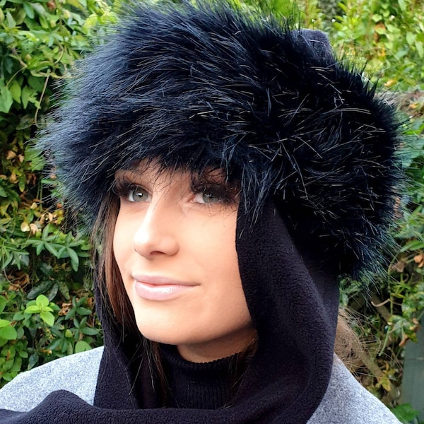 Black Faux Fur Frieda Scarf Hat. Faux Fur band with Fleece Top and Long Fleece Sides. Long Black Fake Fur with Full Polar Fleece Lining