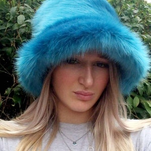 Stunning Super Luxury  Faux Fur Bucket Hat-Peacock Blue-Fuzzy Bucket Hat-Festival Hat-Floppy Hat-Fur Ha-Rave Hat-Blue Bucket Hat