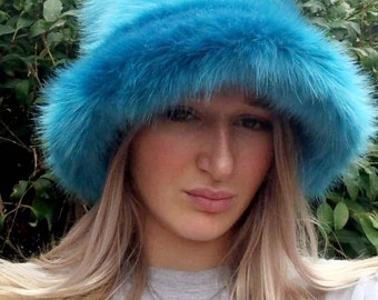 Stunning Super Luxury  Faux Fur Bucket Hat-Peacock Blue-Fuzzy Bucket Hat-Festival Hat-Floppy Hat-Fur Ha-Rave Hat-Blue Bucket Hat