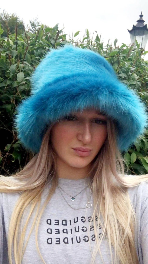 Stunning Super Luxury Faux Fur Bucket Hat-deep Blue-fuzzy 