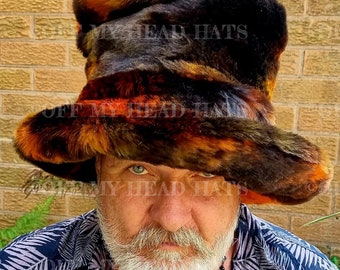 Tall Luxury Faux Fur Hat-JK Style Hat-Space Cowboy Style Hat-Fake Fur Black Brown Orange Hat- Stovepipe Hat- Brown Fur Top Hat-Cruelty Free