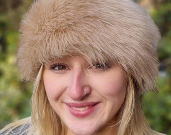 Camel Faux Fur Headband- Neckwarmer- Earwarmer-Fur Headband-Beige Headband-Head Wrap-Fur Head Wrap-Handmade- vegan- Cruelty free