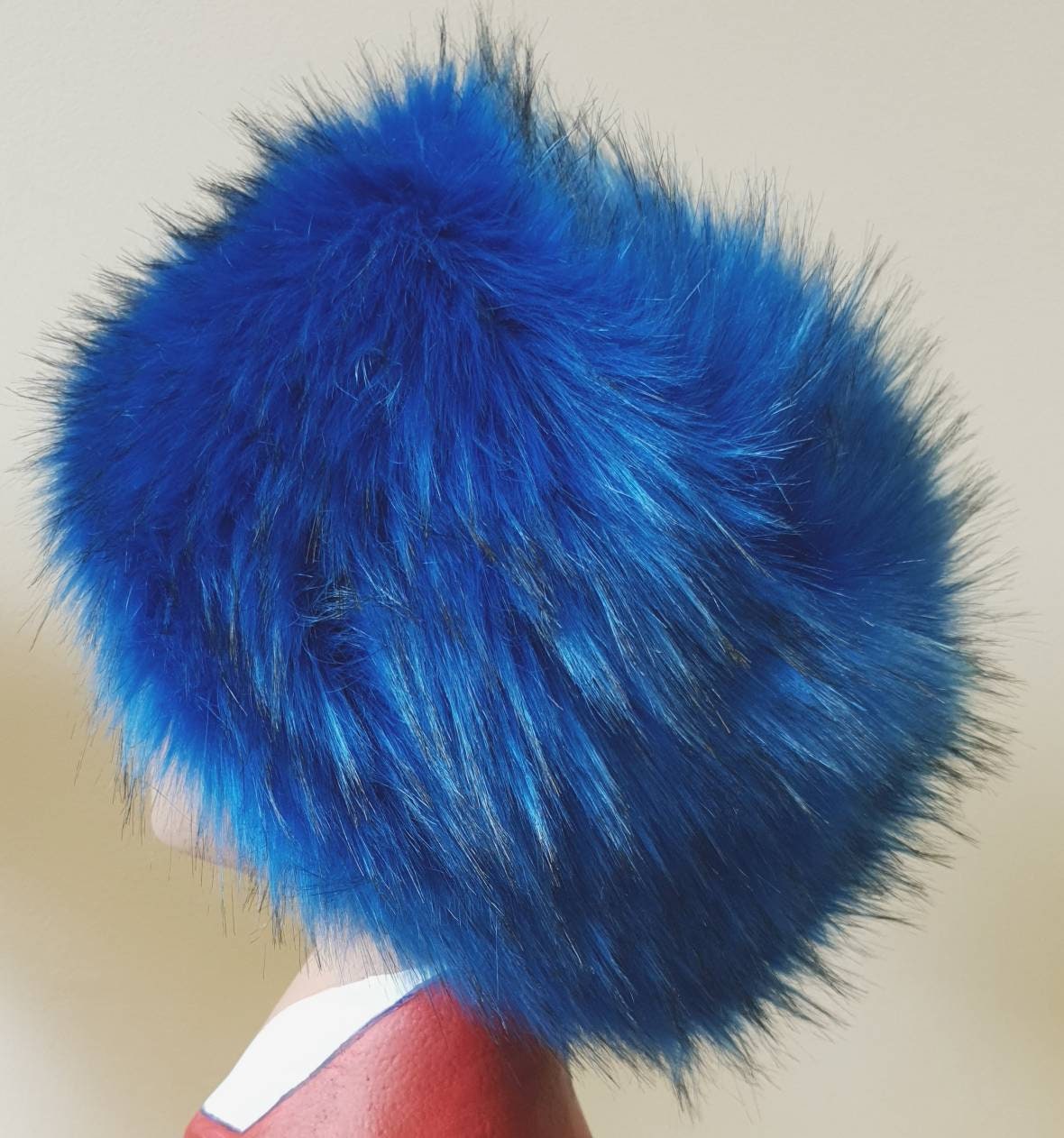 Royal Blue Long Luxury Faux Fur Hat with Cosy Polar Fleece Lining.