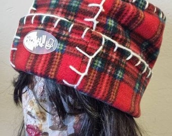 Original Off My Head Hat Tartan Fleece Hat with Blanket Stitch Detail Double Fleece- Fleece Pill Box Hat-Off My Head Hats- Tartan Hat-Fleece