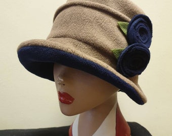 Camel and Navy Fleece Cloche Hat-Polar Fleece Lined--Downton Abbey Hat-Womens Fleece Hat-Womens Fleece Winter Hat-1930's-Ladies Winter Hat
