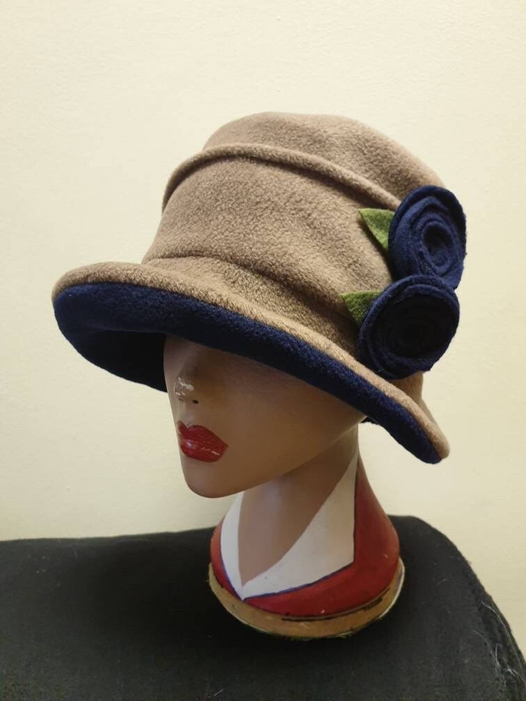 Camel and Navy Fleece Cloche HatPolar Fleece LinedDownton Abbey Hat