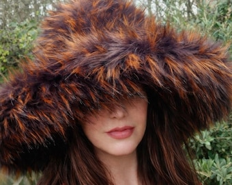 Extra Wide Wire Brim Fuzzy Bucket Hat,Festival Hat,brown orange faux fur