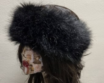 Fluffy Matt Black Faux Fur Headband-Neckwarmer-Earwarmer-Head Wrap-Fur Head Wrap-Handmade in Lancashire England