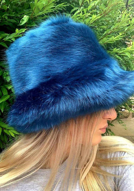 Stunning Super Luxury Faux Fur Bucket Hat-deep Blue-fuzzy  display picture 3