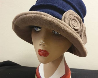 Stylish Navy and Camel 20's Style Cloche Fully Fleece Lined-Downton Abbey Hat-Womens Fleece Hat-Womens Fleece Winter Hat-Ladies Winter Hat