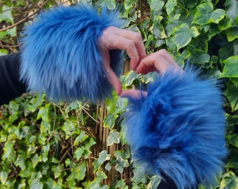 A Pair of Mega Fluffy Cornflower Blue Faux Fur Cuffs -Fleece Lined  Elasticated -Faux Fur Cuffs-Fluffy Cuffs- Blue Fur-Cruelty Free-Vegan