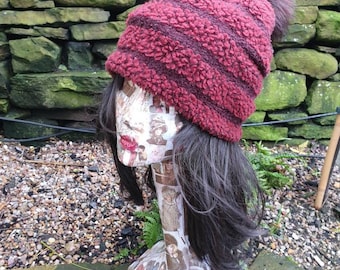 Burgundy Fleece Slouchy Hat with Large Chocolate Brown Pom Pom.Fully lined with Polar Fleece