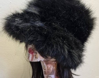 Fluffy Black Faux Fur Fuzzy Bucket Hat 