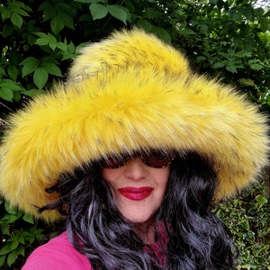 Canary Yellow-Extra Wide Wire Brim Fuzzy Bucket Hat Oversized-Blue Fur Hat-Fake Fur Hat-Rave Hat-Yellow Bucket Hat-Vegan friendly hat