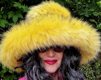 Canary Yellow-Extra Wide Wire Brim Fuzzy Bucket Hat Oversized-Blue Fur Hat-Fake Fur Hat-Rave Hat-Yellow Bucket Hat-Vegan friendly hat