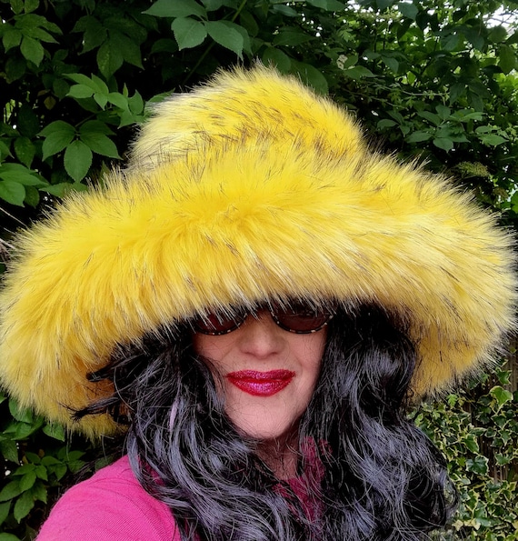Canary Yellow-extra Wide Wire Brim Fuzzy Bucket Hat