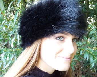 Long Black Faux Fur Headband-Neckwarmer-Earwarmer-Head Wrap-Fur Head Wrap-Handmade in Lancashire England