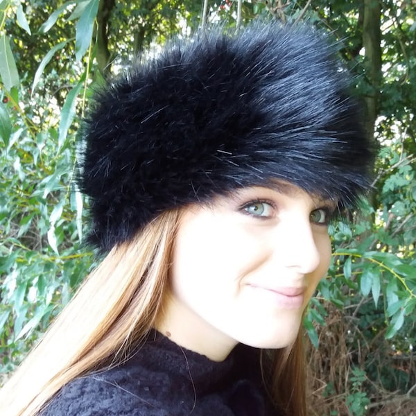 Long Black Faux Fur Headband-Neckwarmer-Earwarmer-Head Wrap-Fur Head Wrap-Handmade in Lancashire England